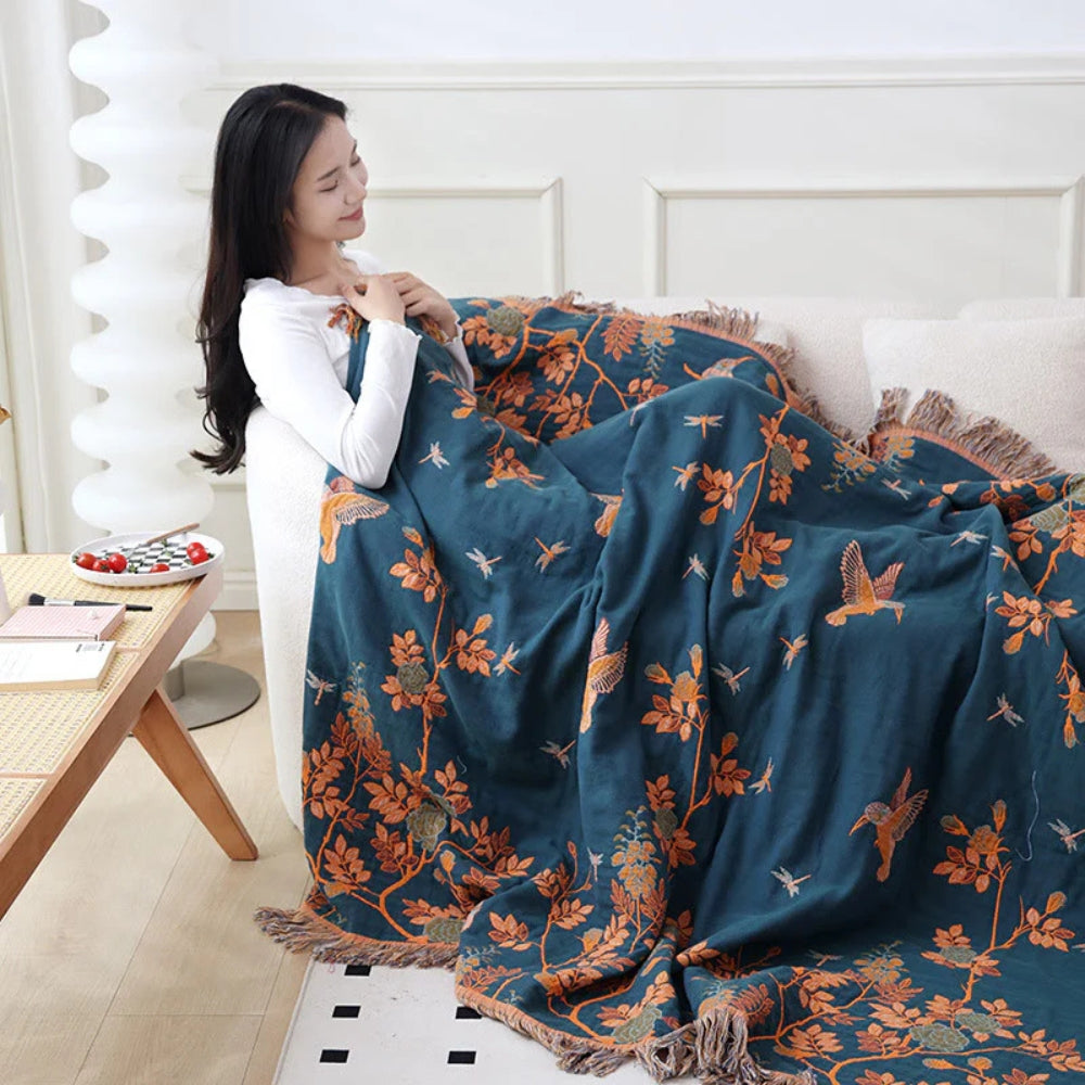 Ornate Layered Cotton Blanket - Jacquard Tasselled Throw