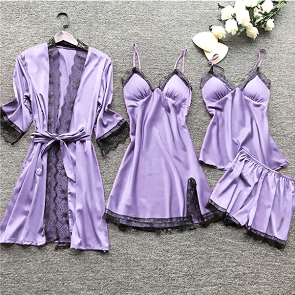 Luxury Silk Sleepwear Set | Lace Trim Kimono, Cami & Shorts