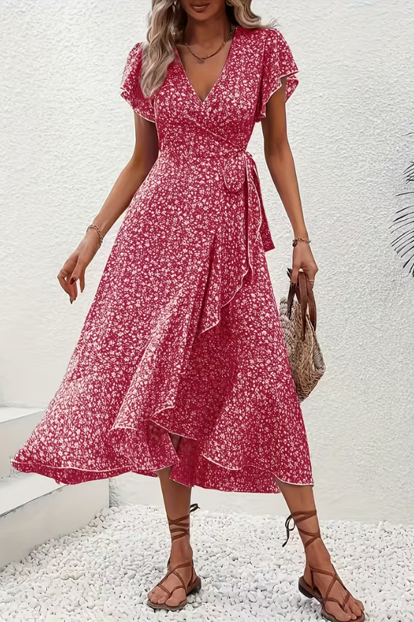 Floral V-Neck Dress with Asymmetrical Detailing