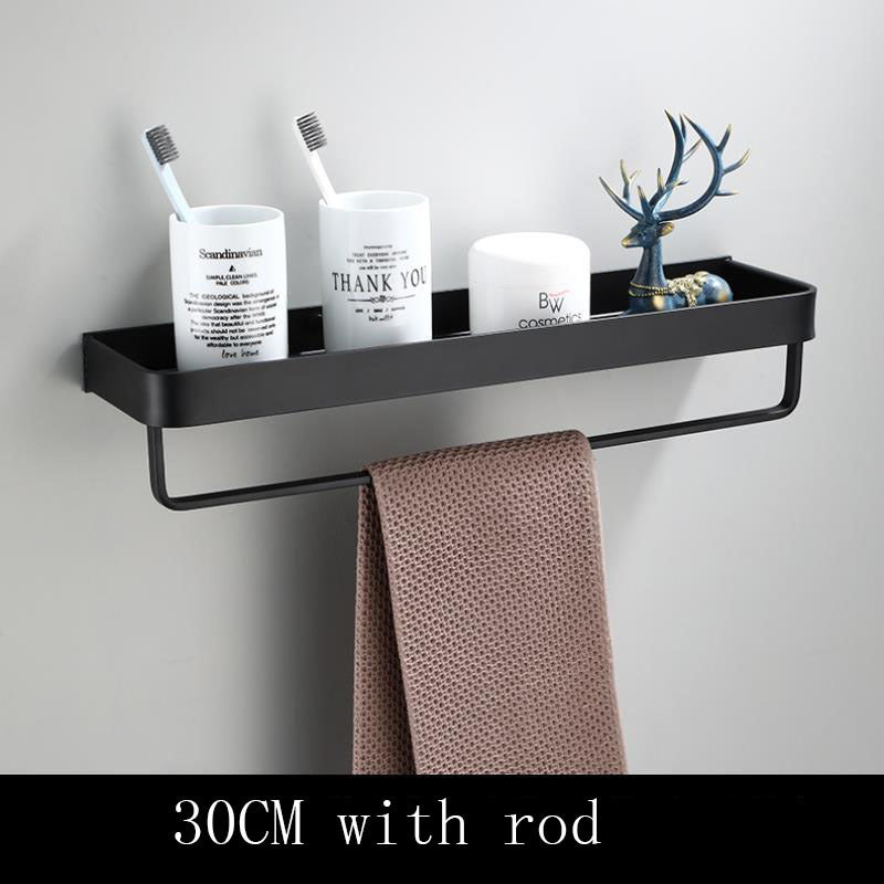 Black Aluminium Bathroom Wall Shelf with Hooks and Rod Options