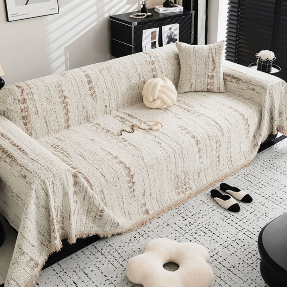 Almond Crest Chenille Couch Cover - Soft Neutral Sofa Throw