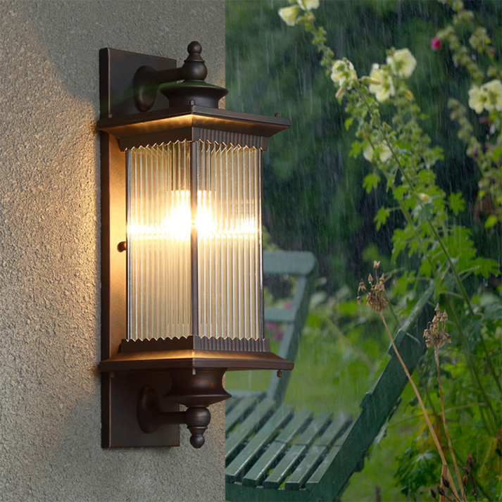 Classic Outdoor Wall Lantern - Ribbed Glass & Black Metal