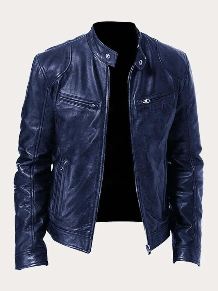 Men's Classic Leather Jacket - Stand Collar, Front Zip