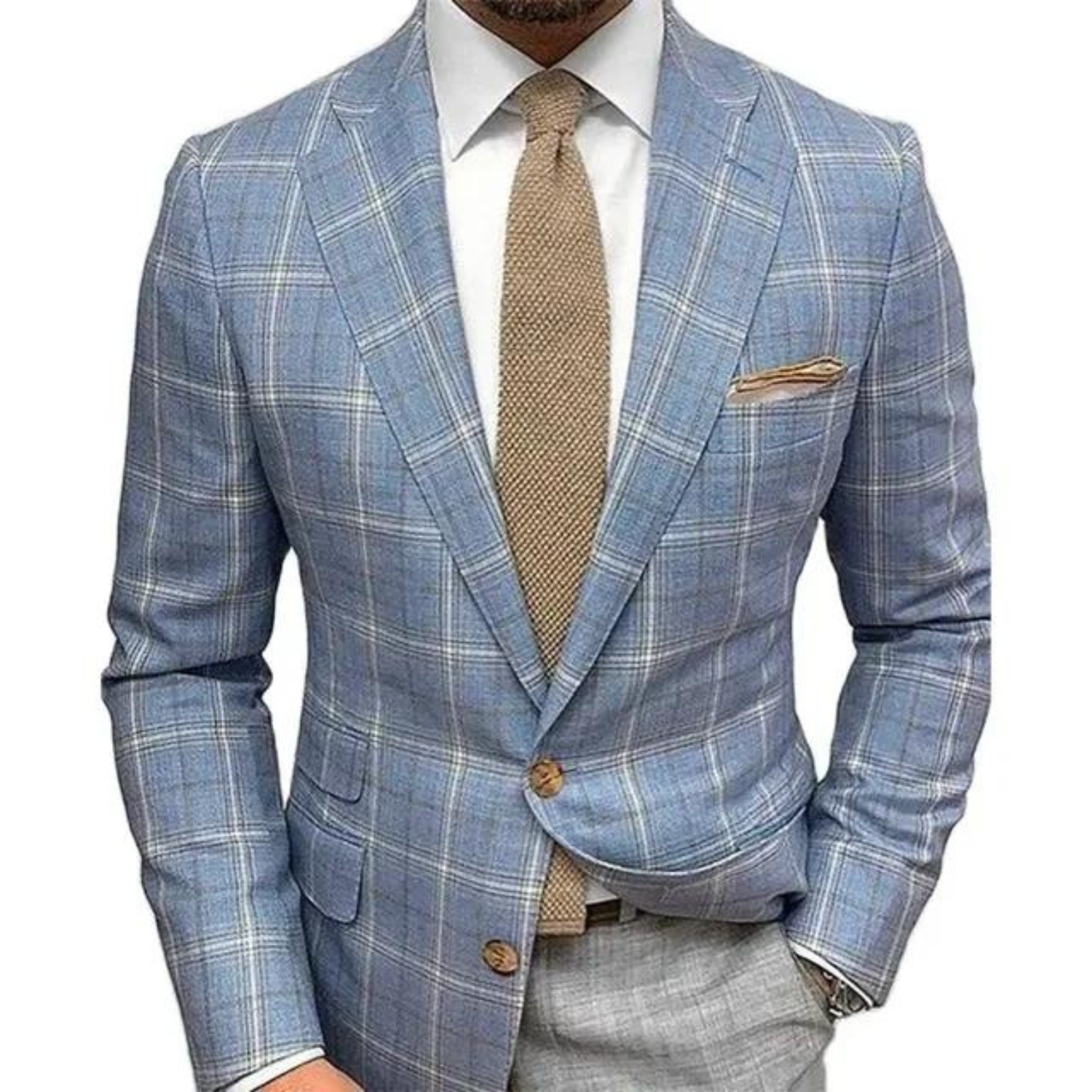 Classic Windowpane Plaid Blazer in Light Blue