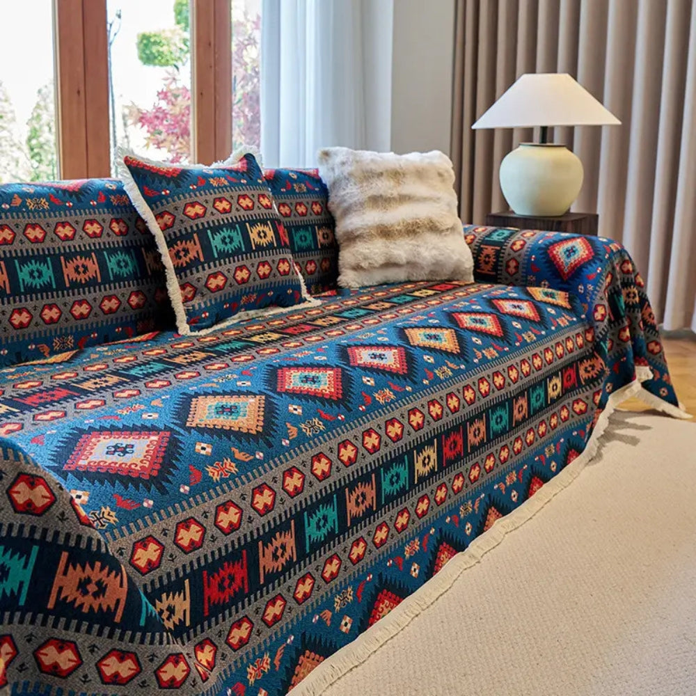 Boho Chenille Couch Cover, Geometric Jacquard Weave