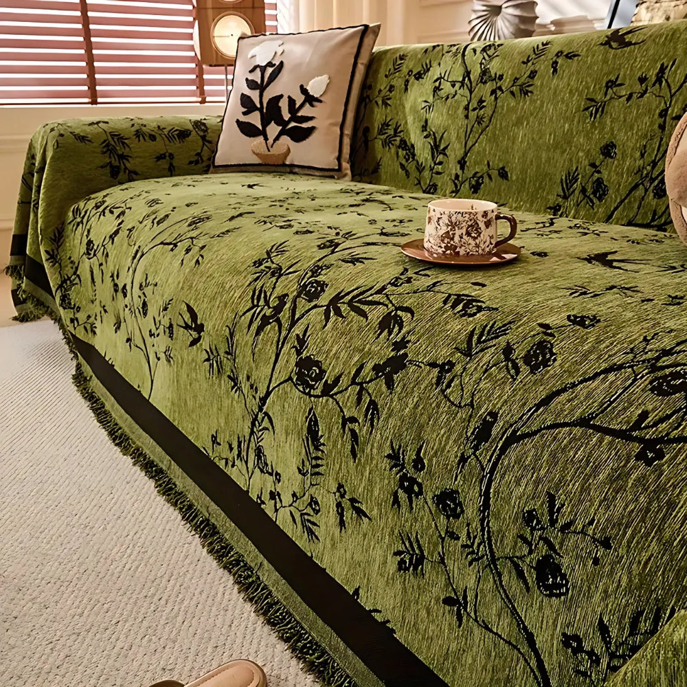 Chenille Couch Cover - Floral Jacquard Sofa Throw with Tassels