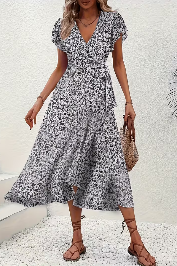 Floral V-Neck Dress with Asymmetrical Detailing