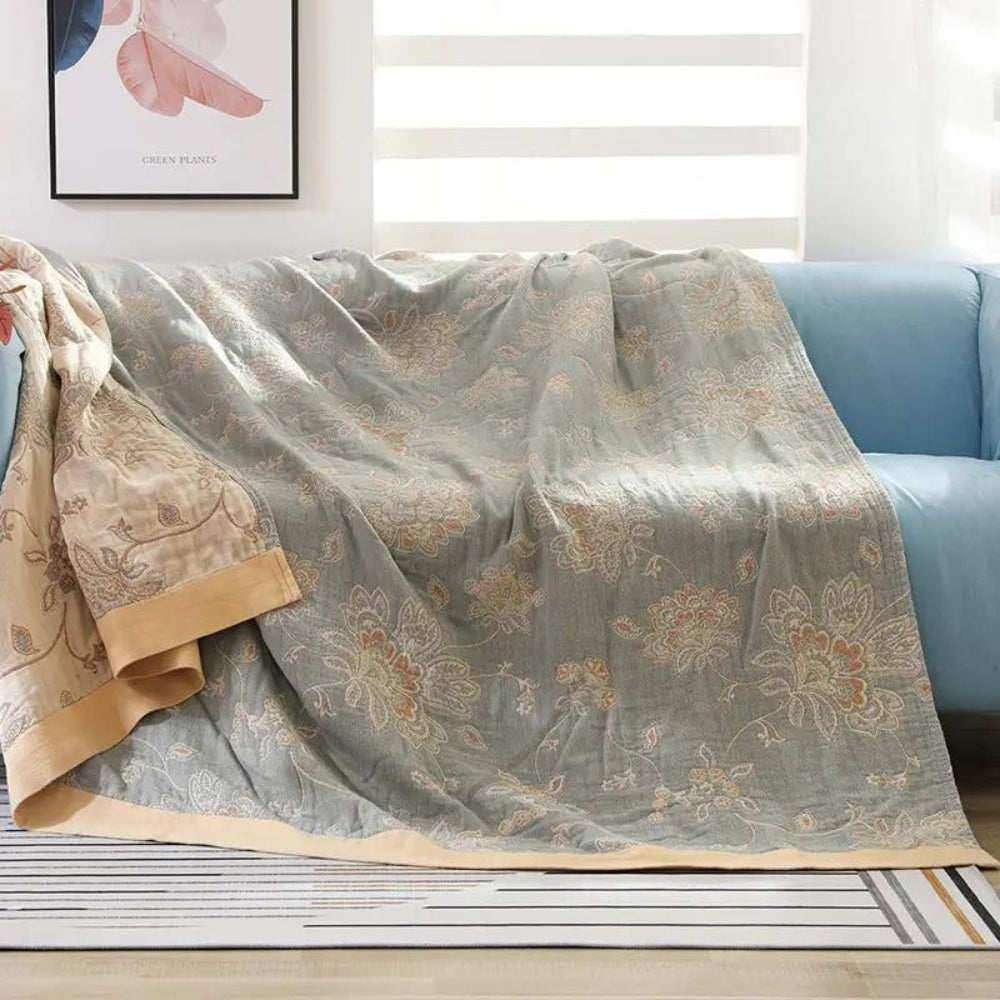 Floral Cotton Gauze Comfort Blanket, 5-Layer Design
