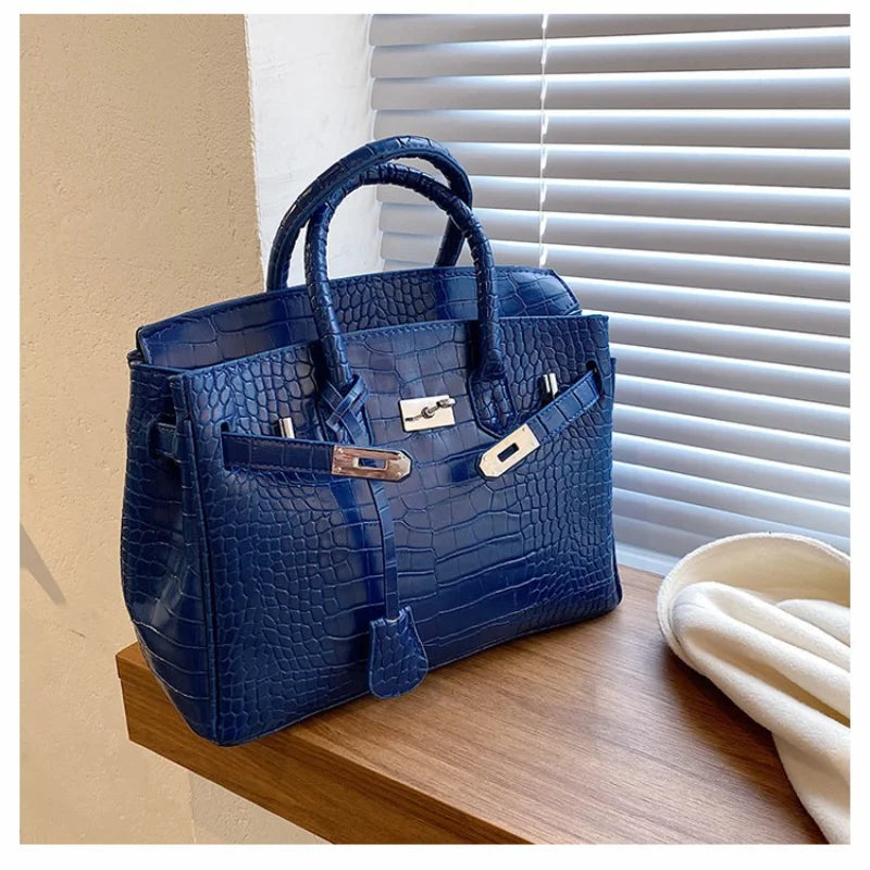 Stone-Texture Crocodile-Print Tote Bag with Crossbody Strap