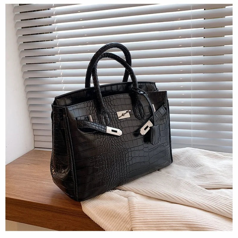 Stone-Texture Crocodile-Print Tote Bag with Crossbody Strap