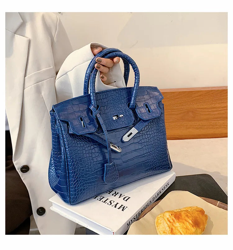 Stone-Texture Crocodile-Print Tote Bag with Crossbody Strap