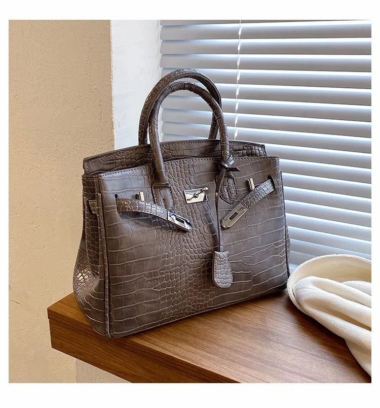 Stone-Texture Crocodile-Print Tote Bag with Crossbody Strap