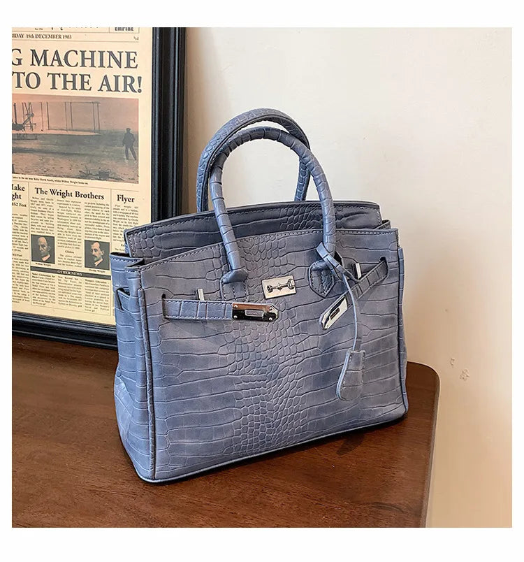 Stone-Texture Crocodile-Print Tote Bag with Crossbody Strap