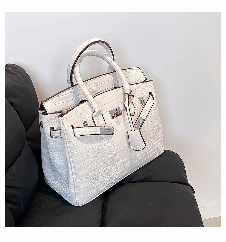 Stone-Texture Crocodile-Print Tote Bag with Crossbody Strap