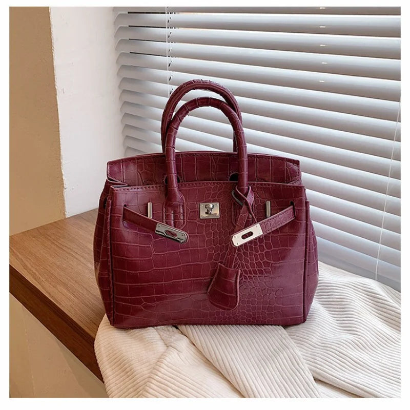Stone-Texture Crocodile-Print Tote Bag with Crossbody Strap