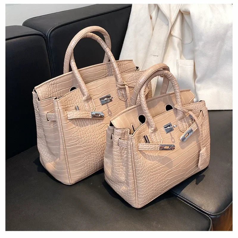 Stone-Texture Crocodile-Print Tote Bag with Crossbody Strap