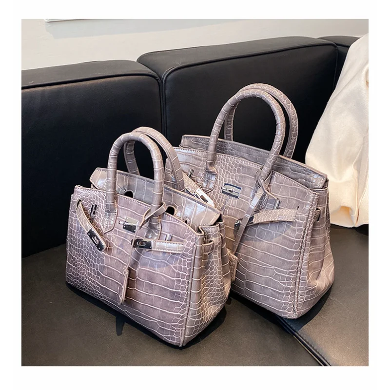 Stone-Texture Crocodile-Print Tote Bag with Crossbody Strap