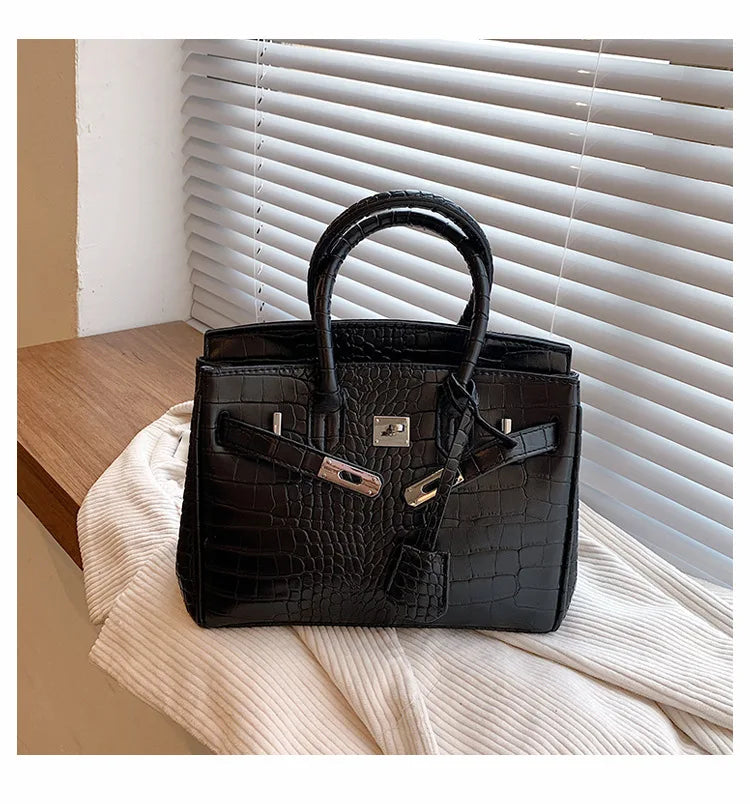 Stone-Texture Crocodile-Print Tote Bag with Crossbody Strap