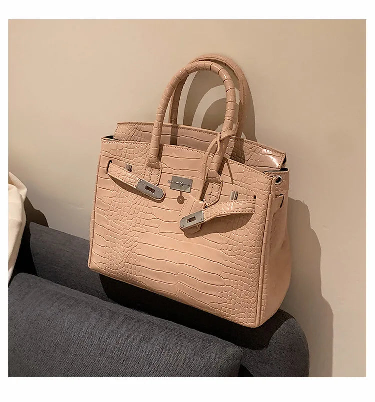Stone-Texture Crocodile-Print Tote Bag with Crossbody Strap