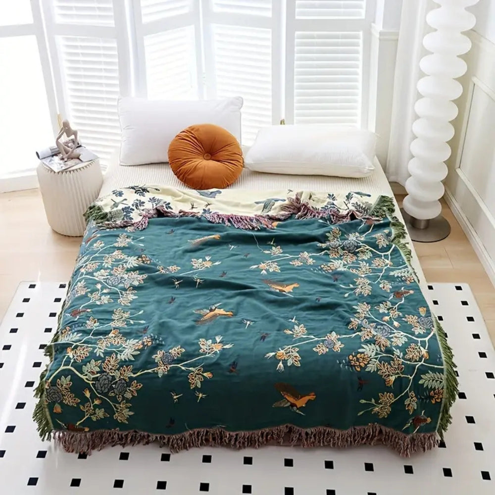 Ornate Layered Cotton Blanket - Jacquard Tasselled Throw