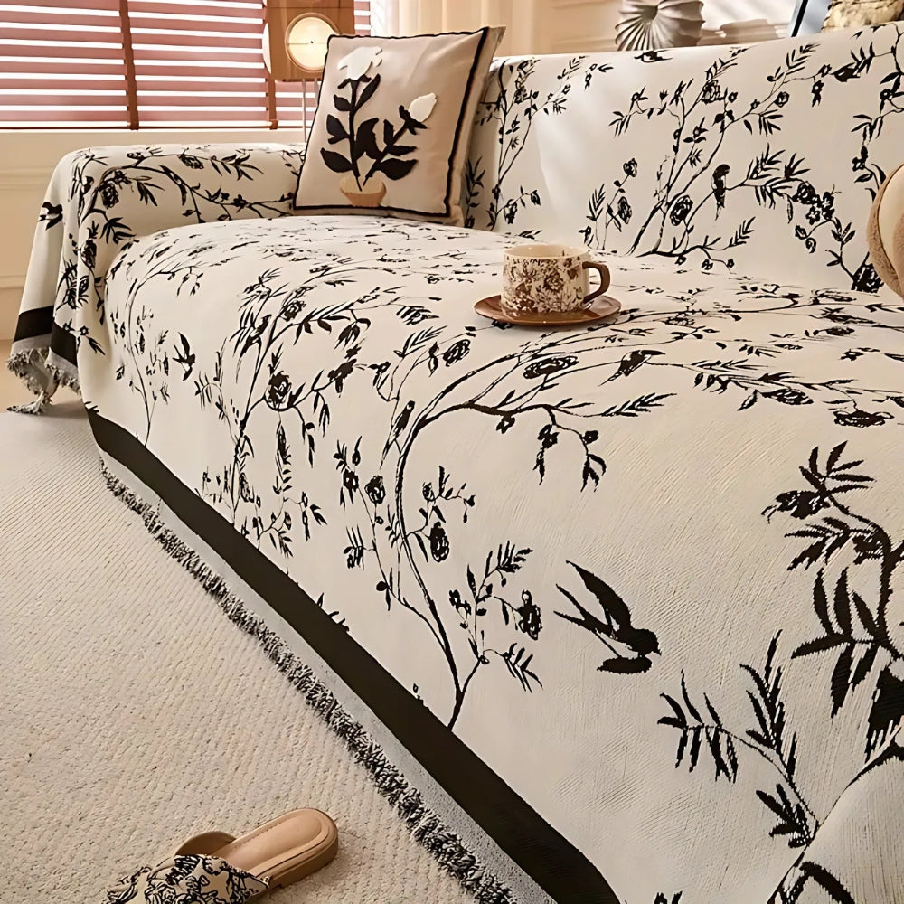 Chenille Couch Cover - Floral Jacquard Sofa Throw with Tassels