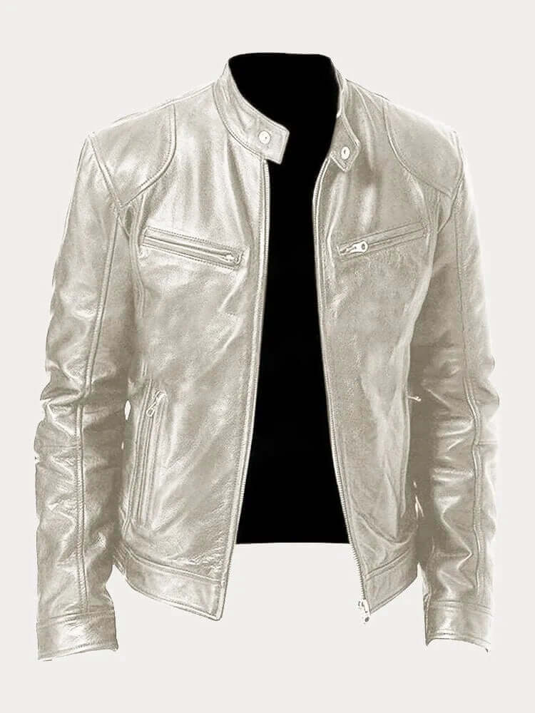 Men's Classic Leather Jacket - Stand Collar, Front Zip