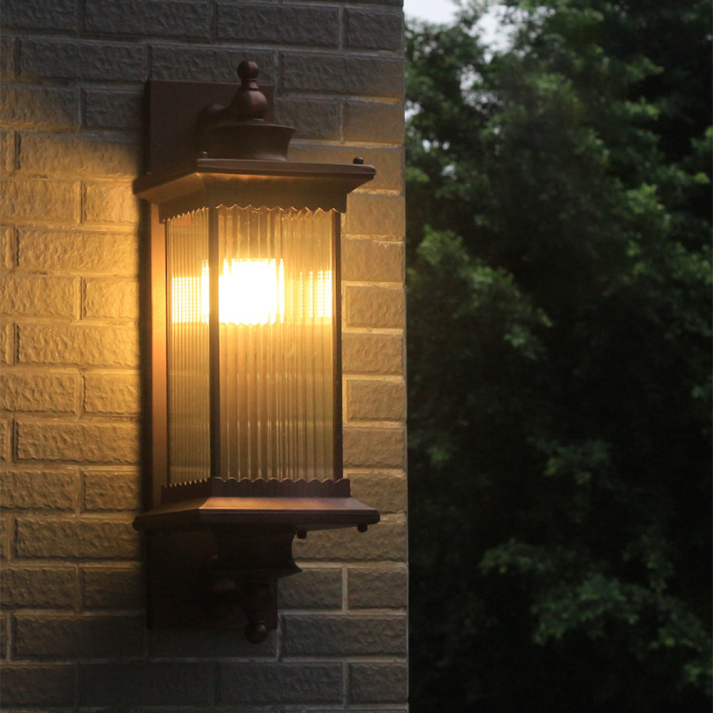 Classic Outdoor Wall Lantern - Ribbed Glass & Black Metal