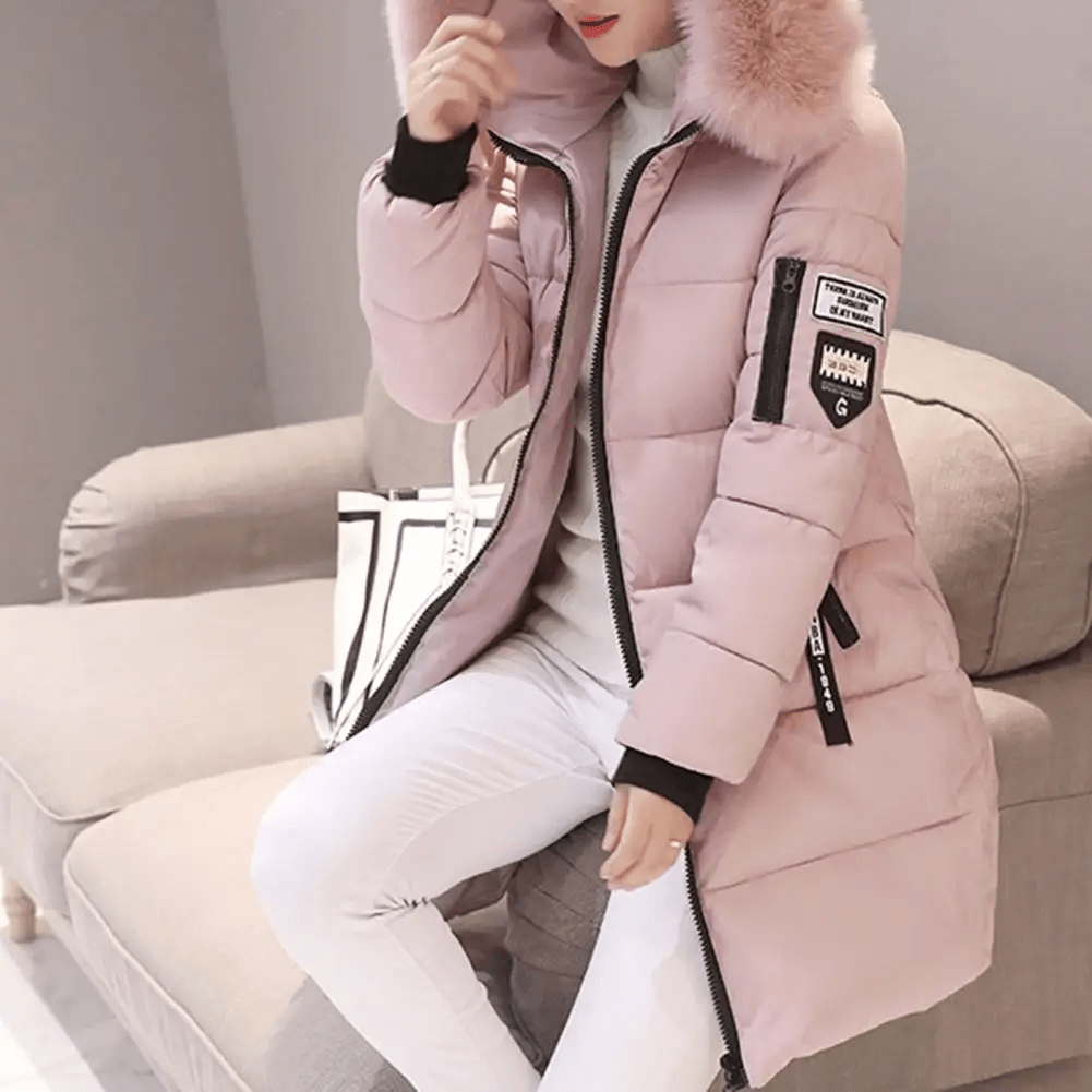 Windproof Puffer Coat for Women - Hooded Mid-Length
