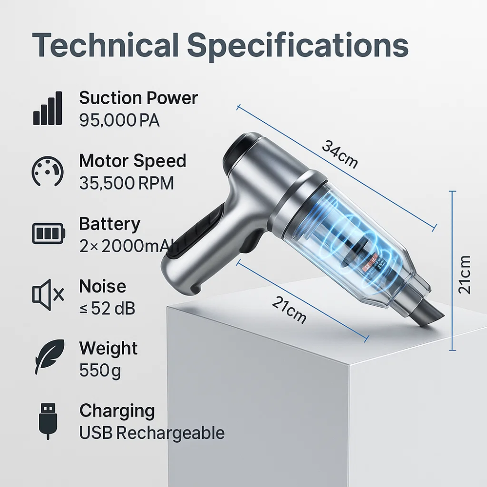 Cordless Car Vacuum Cleaner, 95,000PA Suction