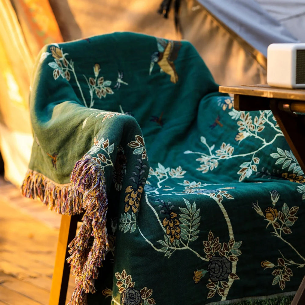 Ornate Layered Cotton Blanket - Jacquard Tasselled Throw