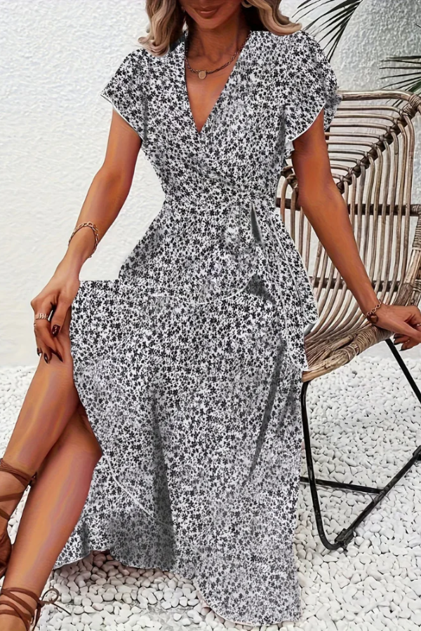 Floral V-Neck Dress with Asymmetrical Detailing