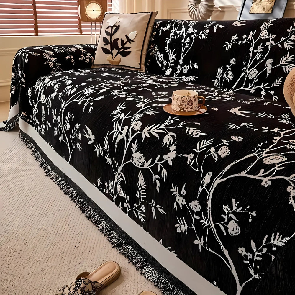 Chenille Couch Cover - Floral Jacquard Sofa Throw with Tassels
