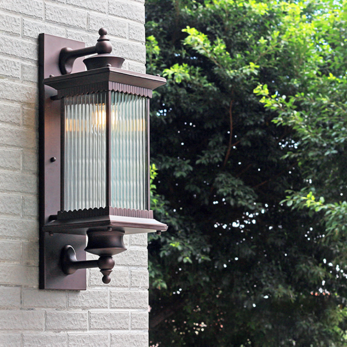 Classic Outdoor Wall Lantern - Ribbed Glass & Black Metal