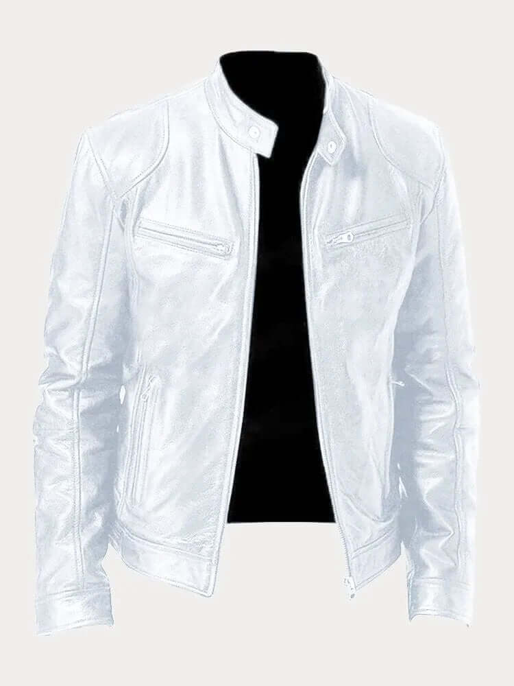 Men's Classic Leather Jacket - Stand Collar, Front Zip