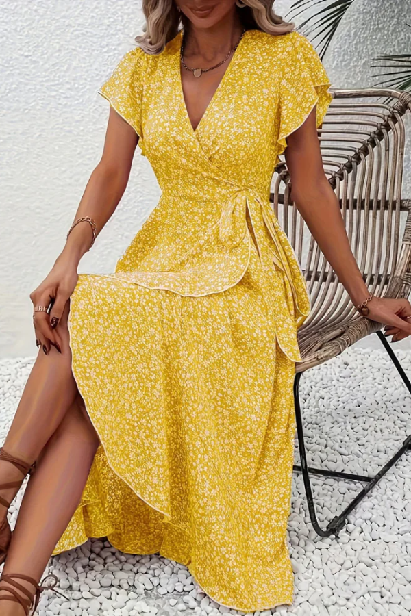 Floral V-Neck Dress with Asymmetrical Detailing