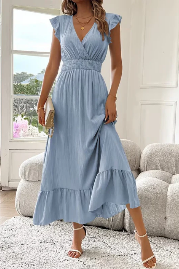 Deep V-Neck Ruffle Sleeve Maxi Dress for Summer Elegance