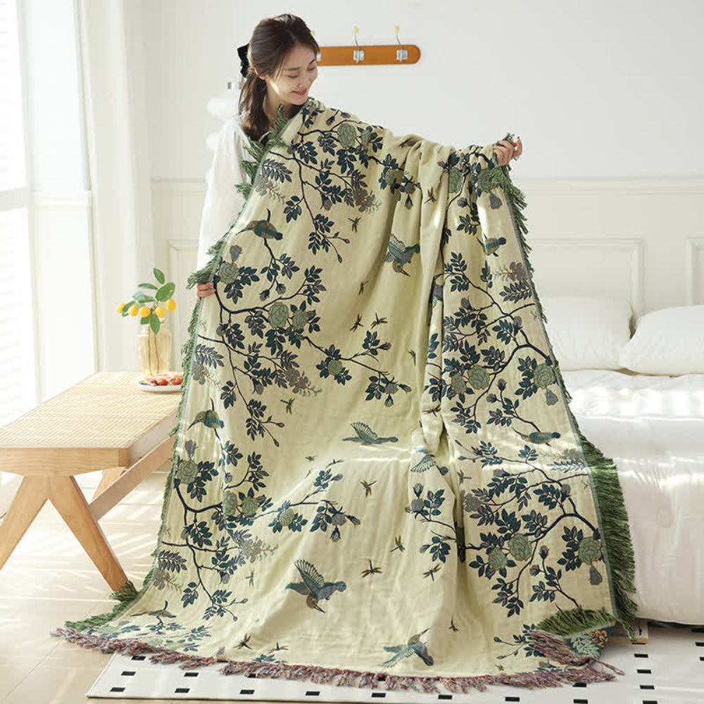 Ornate Layered Cotton Blanket - Jacquard Tasselled Throw