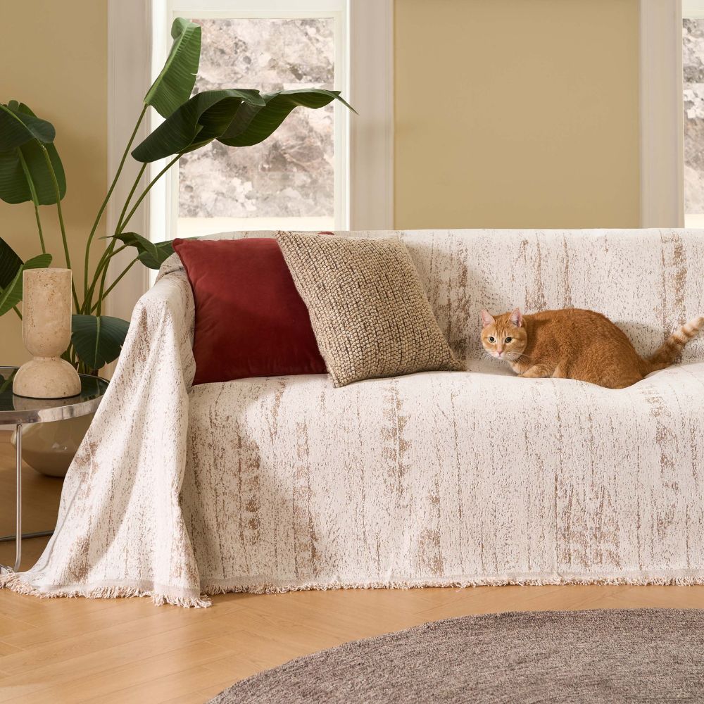 Almond Crest Chenille Couch Cover - Soft Neutral Sofa Throw