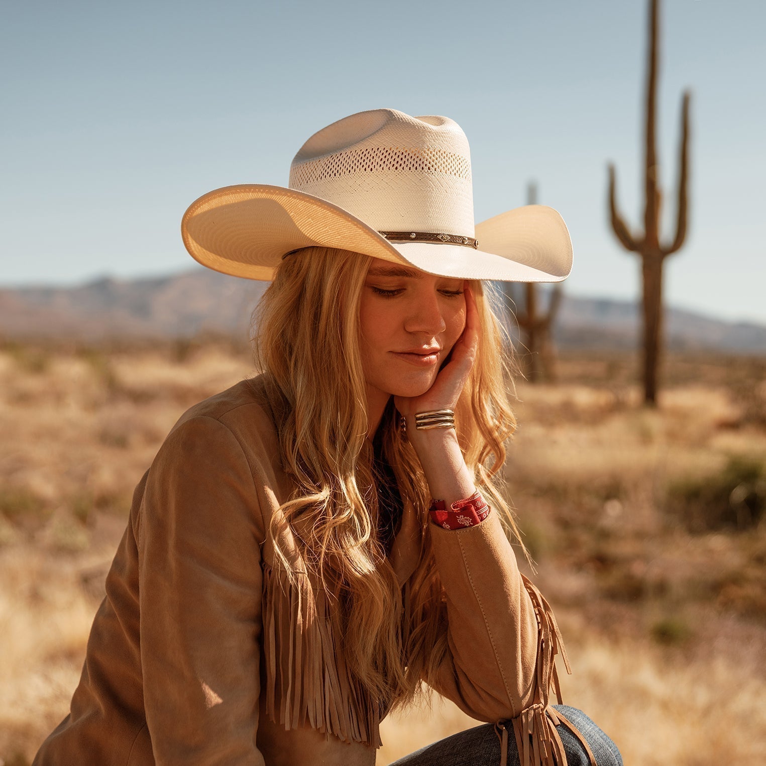 Straw Cowboy Hat with Leather Hatband, Cattleman Crown