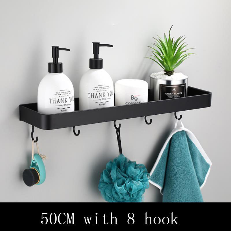 Black Aluminium Bathroom Wall Shelf with Hooks and Rod Options