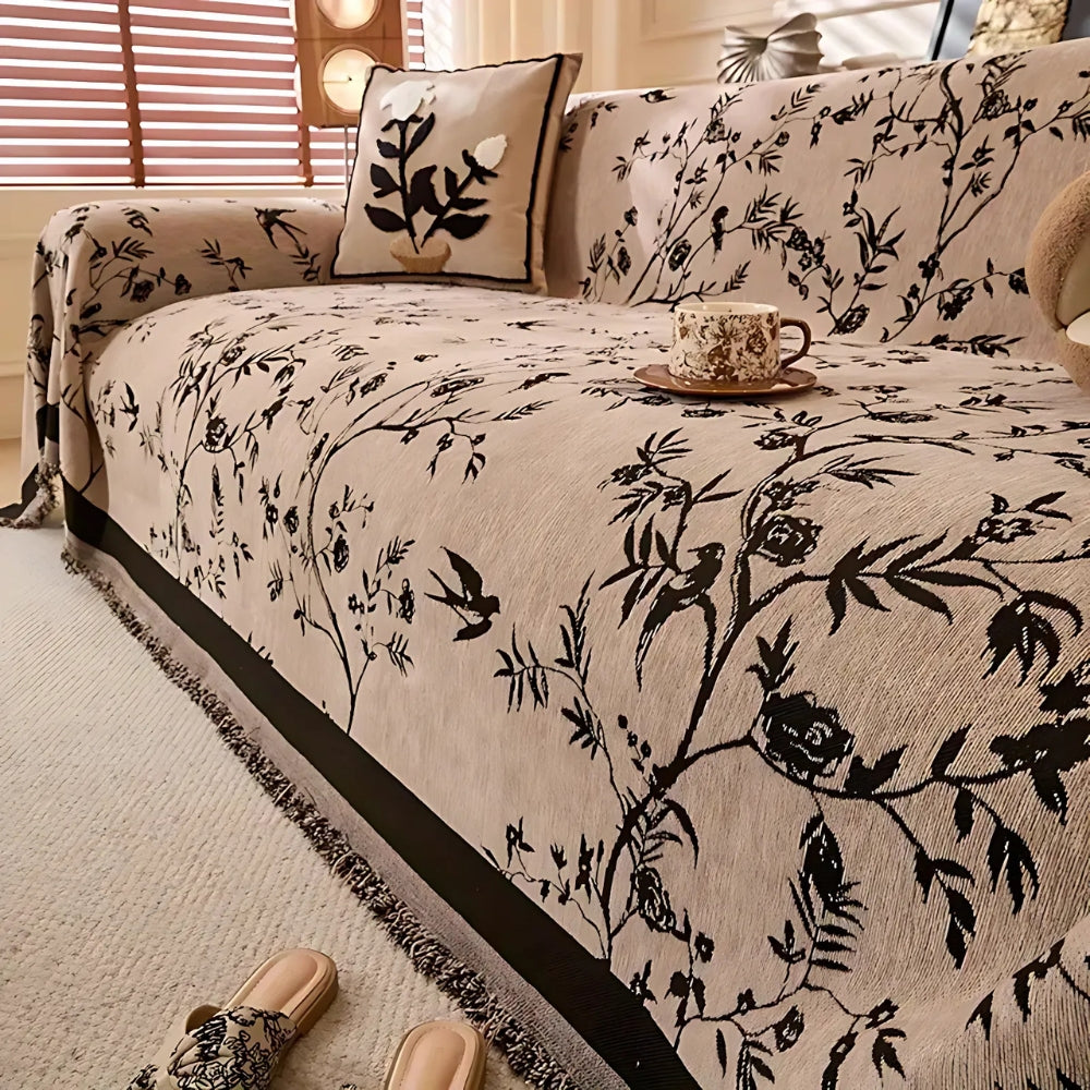 Chenille Couch Cover - Floral Jacquard Sofa Throw with Tassels