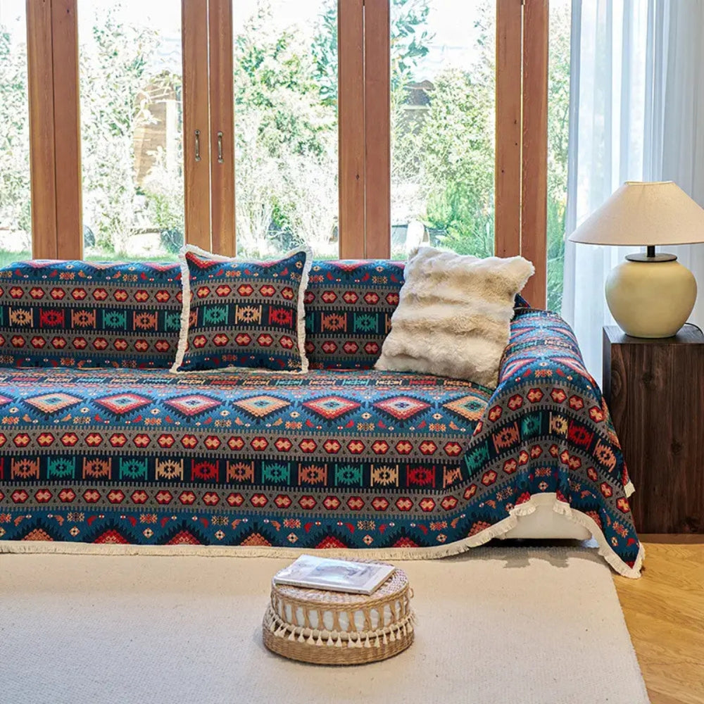 Boho Chenille Couch Cover, Geometric Jacquard Weave