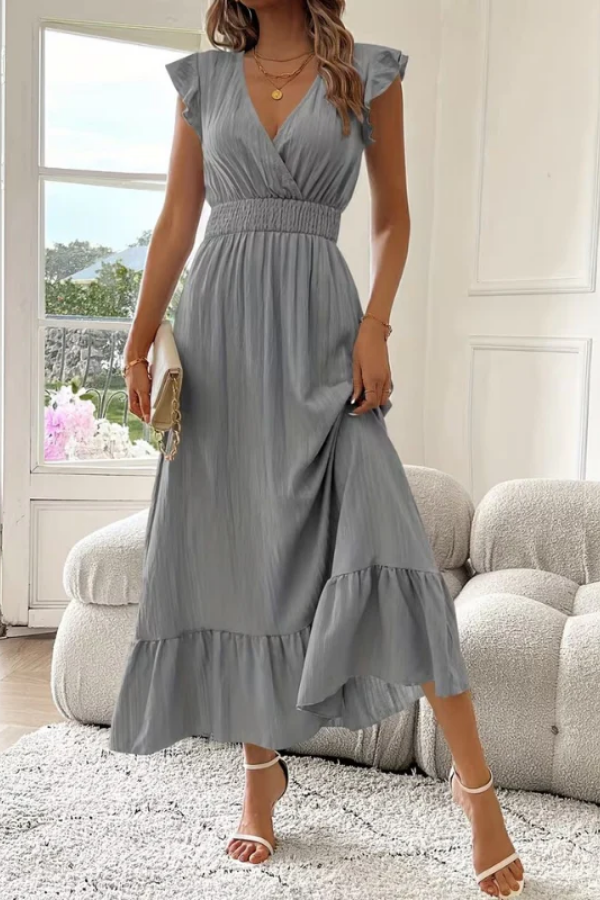 Deep V-Neck Ruffle Sleeve Maxi Dress for Summer Elegance