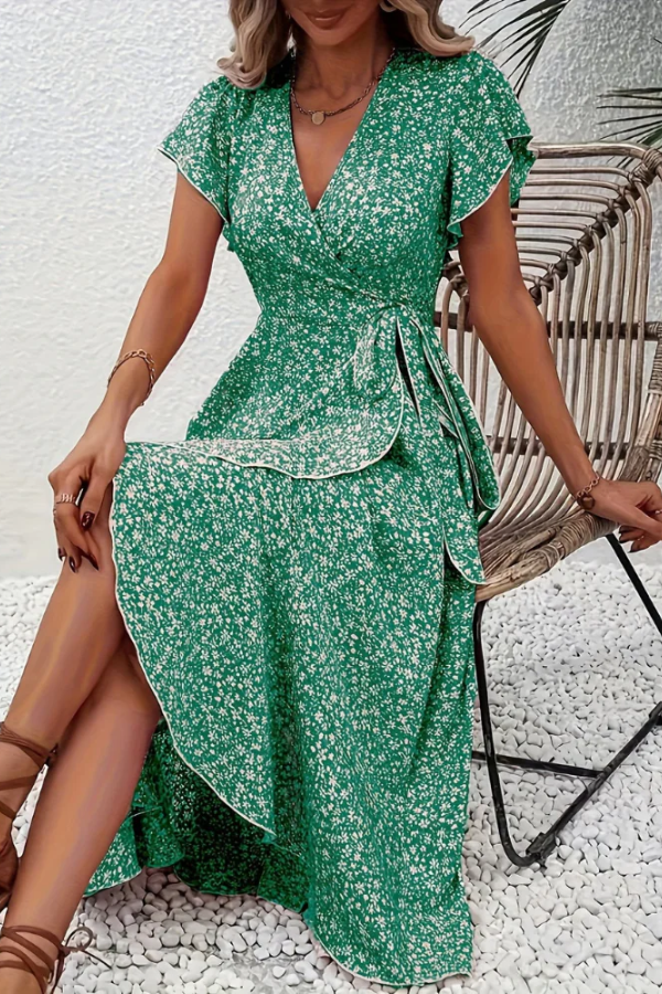 Floral V-Neck Dress with Asymmetrical Detailing