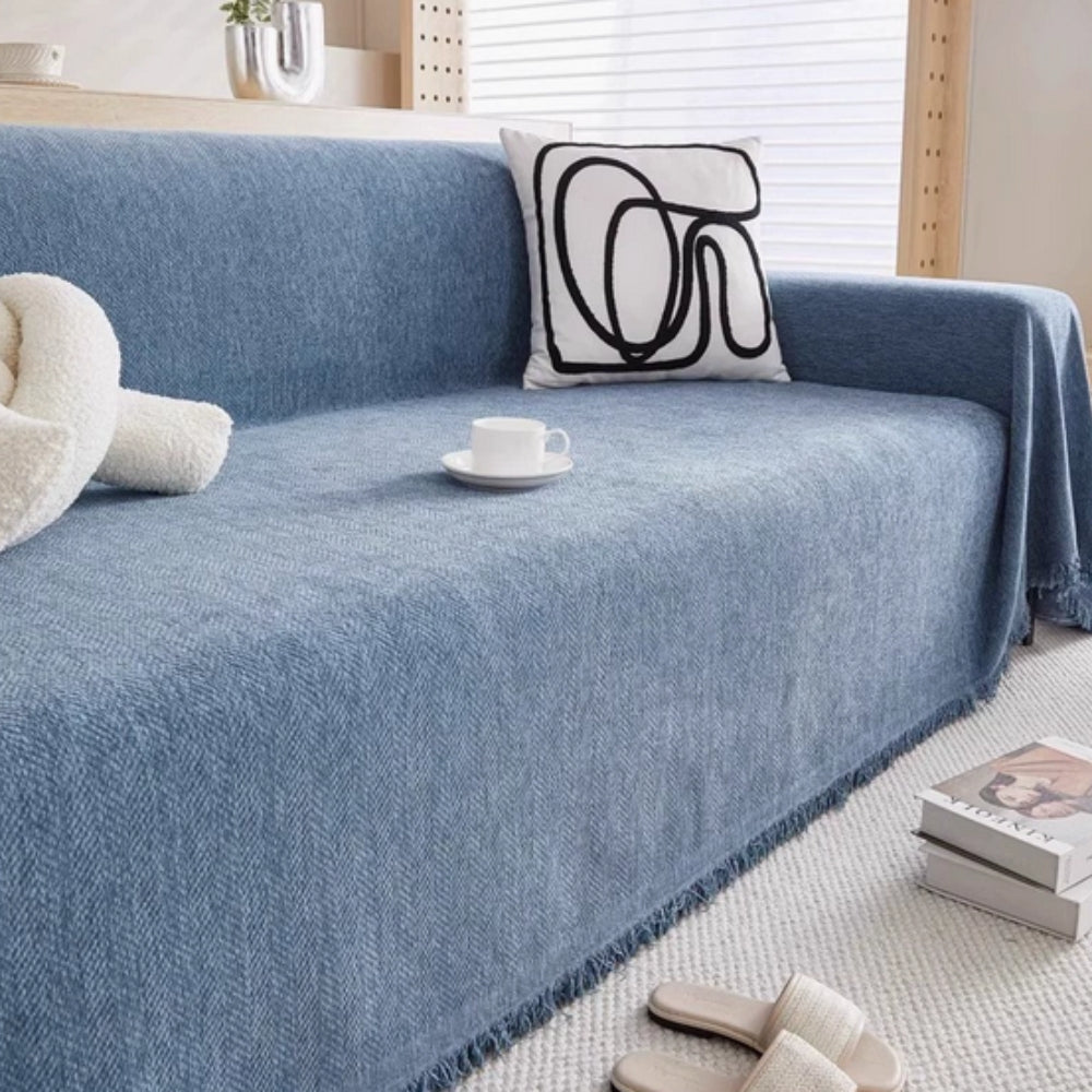 Minimalist Chenille Couch Cover with Tassel Trim