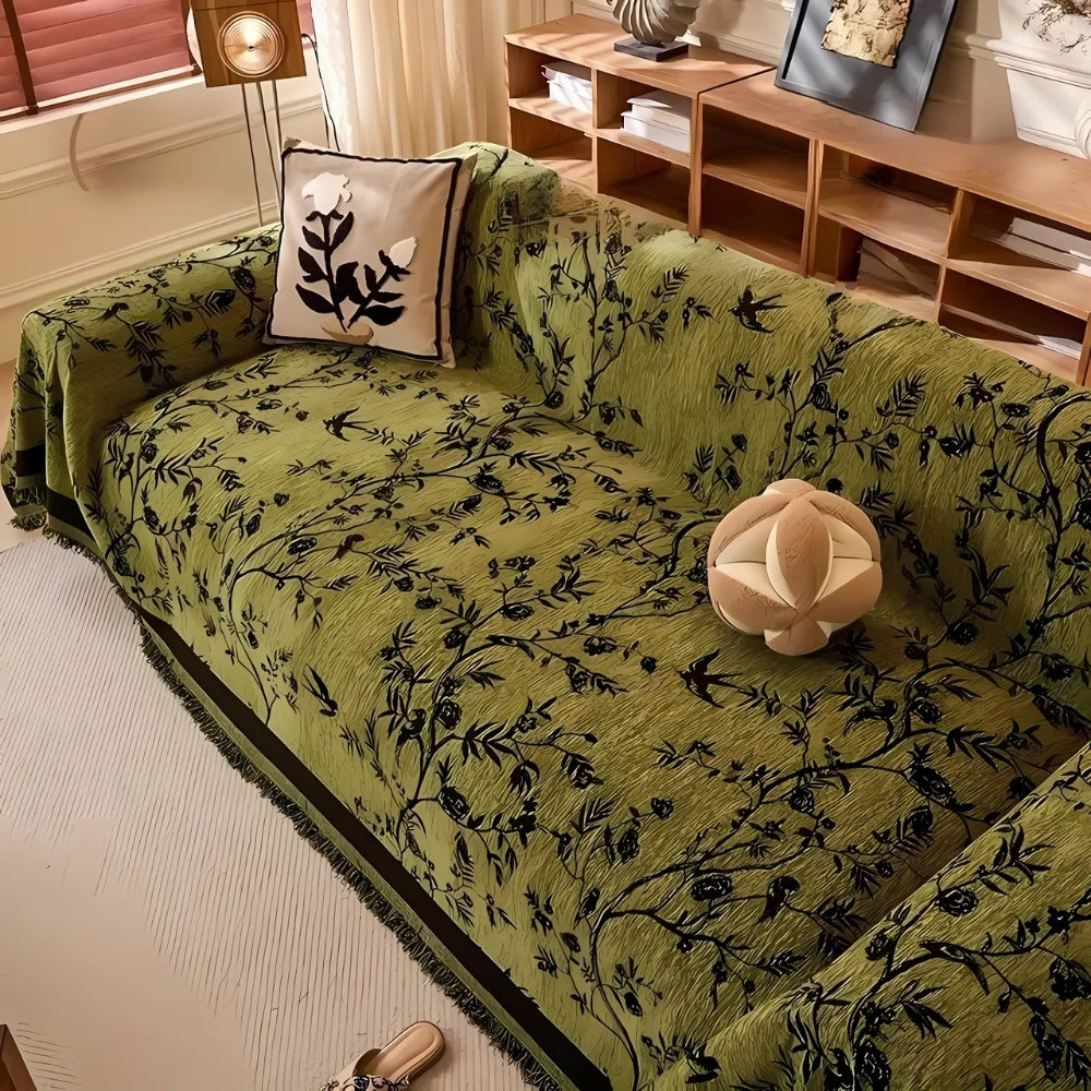 Chenille Couch Cover - Floral Jacquard Sofa Throw with Tassels
