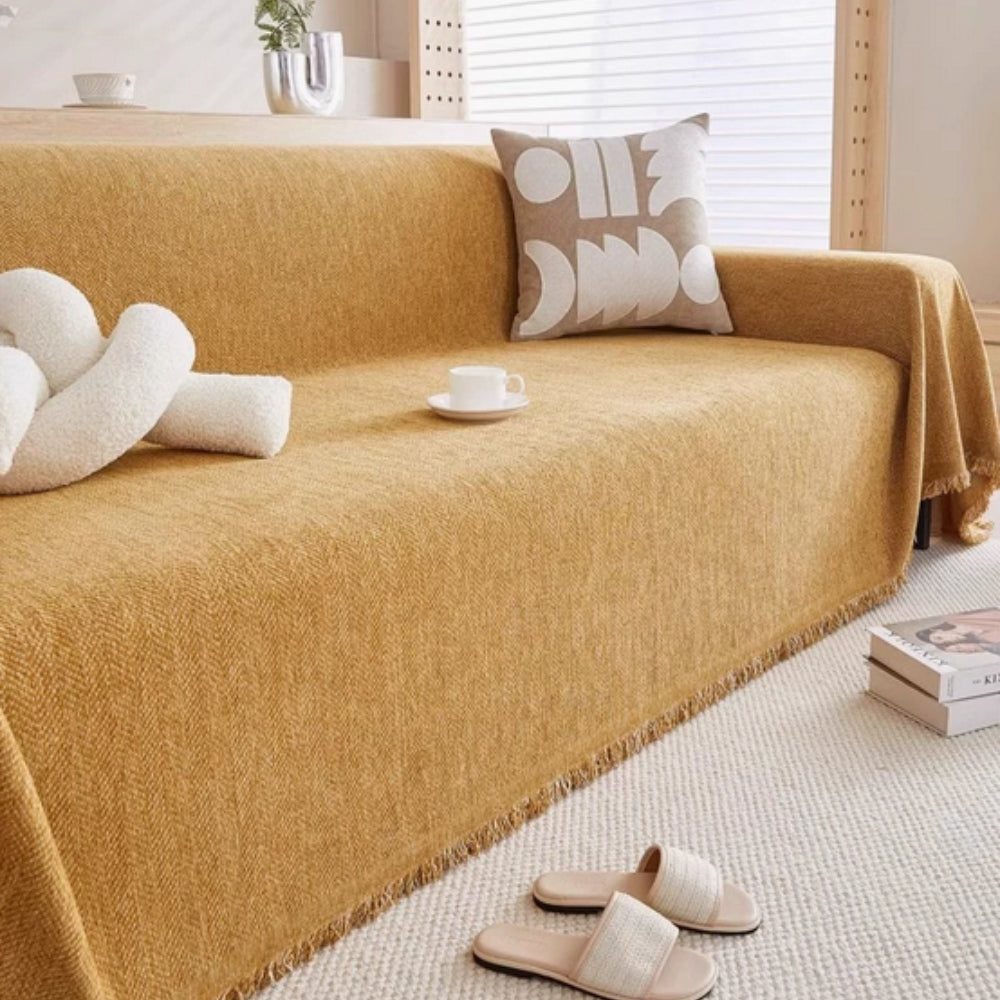 Minimalist Chenille Couch Cover with Tassel Trim