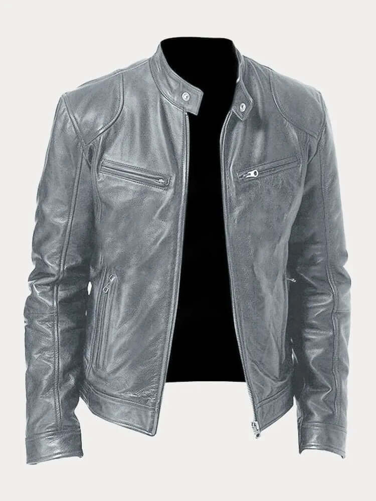 Men's Classic Leather Jacket - Stand Collar, Front Zip