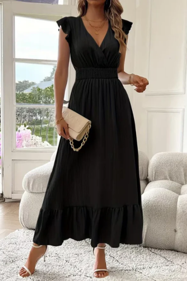 Deep V-Neck Ruffle Sleeve Maxi Dress for Summer Elegance