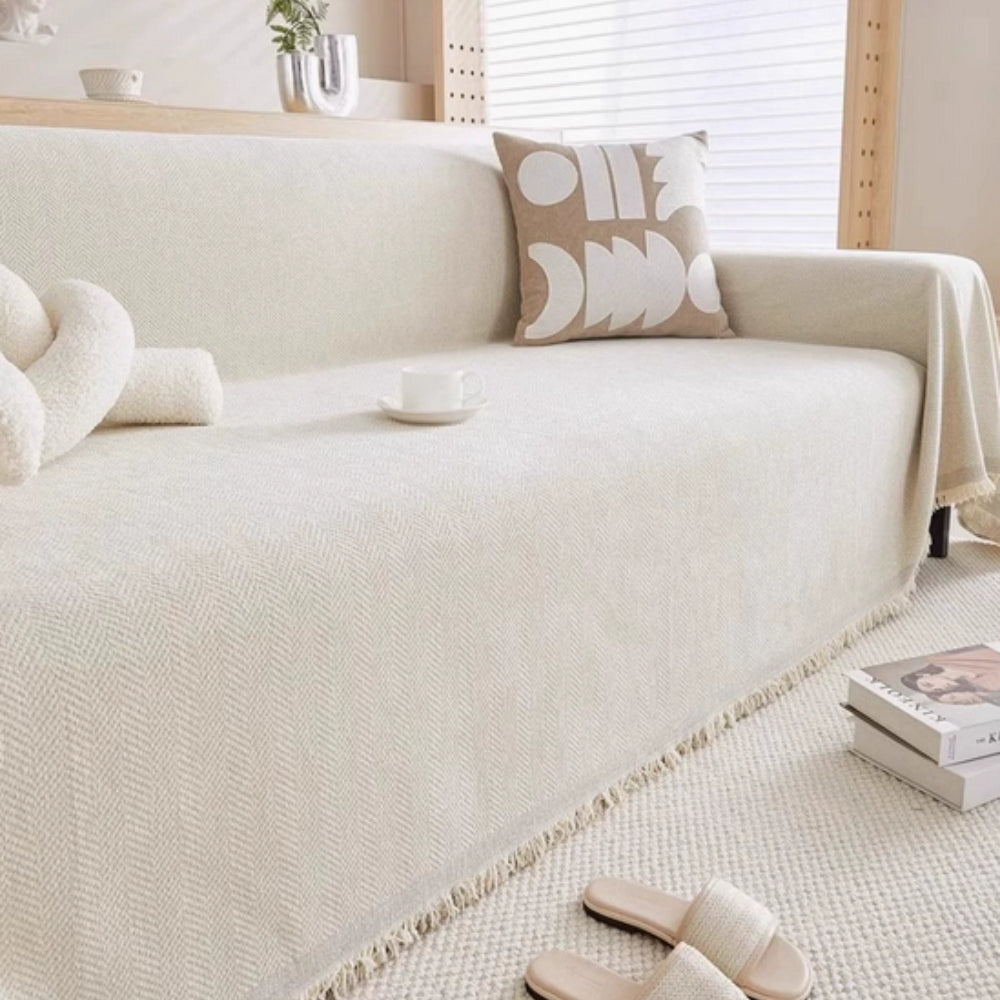Minimalist Chenille Couch Cover with Tassel Trim